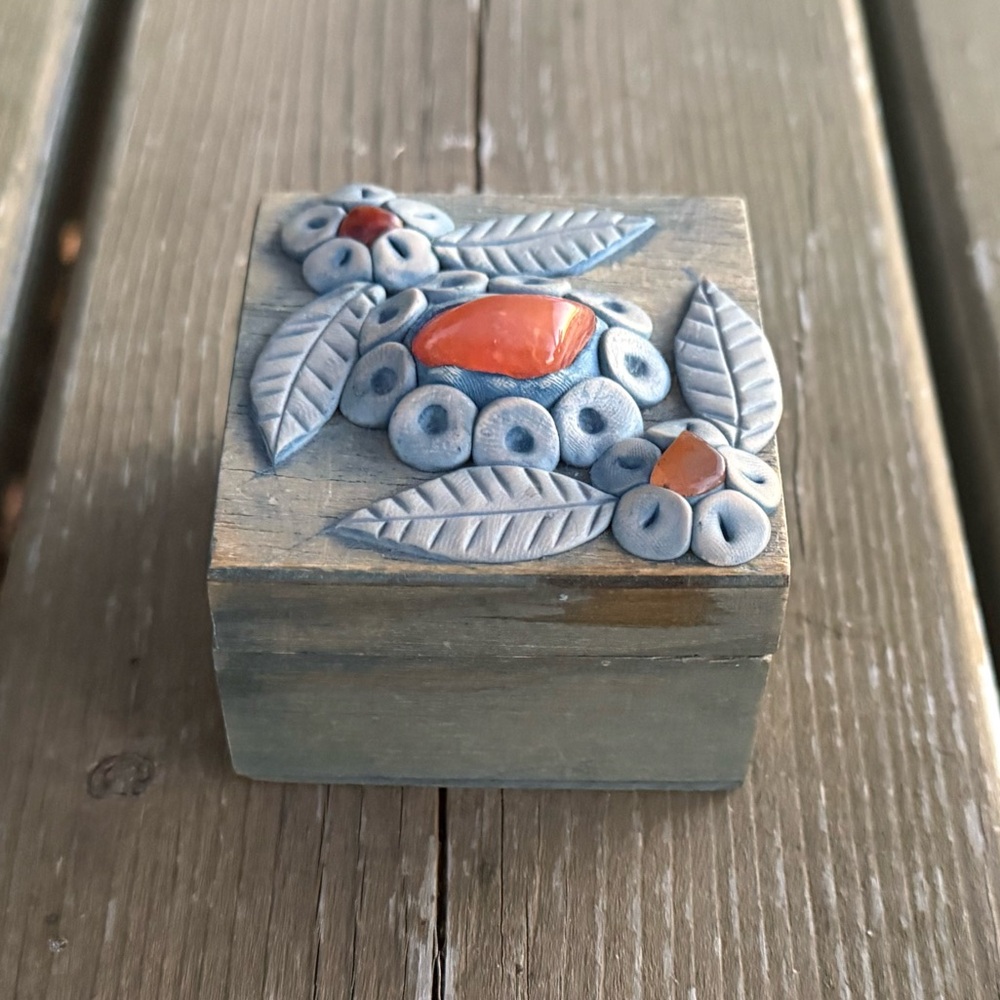 Decorative Wooden Trinket Box with Floral Design and Natural Stone Centers